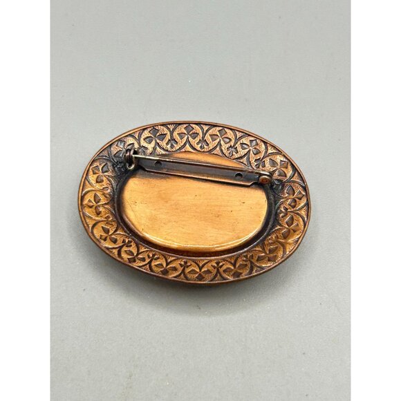 Vintage Copper Oval Brooch with Ornate Design & Faux Mother of Pearl Center - Picture 4 of 5